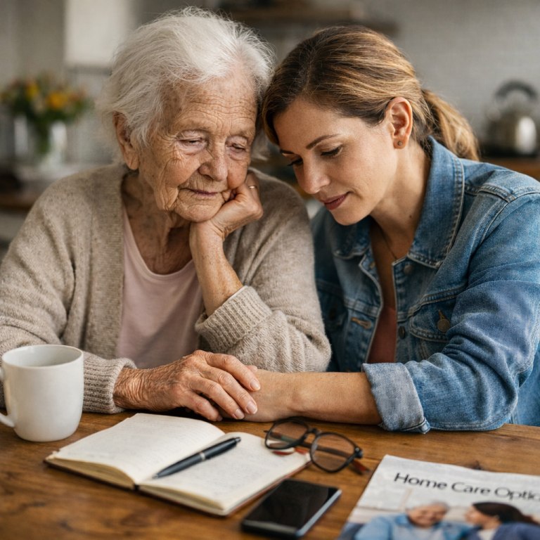 A young woman and an elderly woman share a thoughtful moment at a table with a notebook and cup.